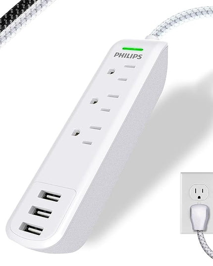 Philips Surge Protector Power Strip, 3 Outlet Surge Protector, 6Ft Cord Power Strip, Surge Protector with USB Ports, 3-Prong Flat Plug Power Strip, 360J Surge Protector Outlet, White, SPP3306WB/37