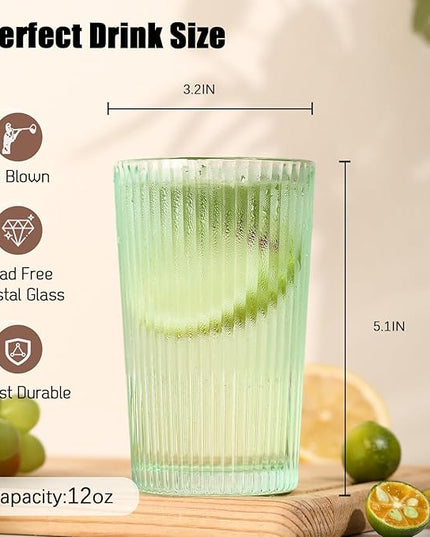 Drinking Glasses, Colored Highball Glasses Set of 6, Ribbed Glassware Glass Cups, Water Glasses for Beer, Iced Coffee Cups, Cocktail Glasses - Christmas Gifts -12 oz