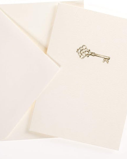 Graphique Key La Petite Presse Boxed Notecards - 10 Embossed and Embellished Gold Foil Vintage Key Blank Cards with Matching Envelopes, 3.25" x 4.75" (L1543CB)
