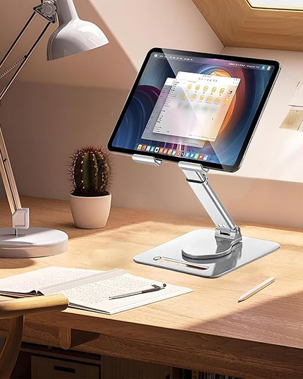 GuaziV 360° Rotating Tablet Stand - Adjustable iPad Tablet Holder for Desk, Foldable iPad Swivel Stand for Home & Office (Polished Silver)