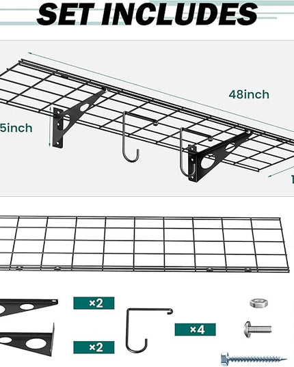 EVERHANGER Garage Wall Shelves, 12 X 48 Inch Wall Mounted Storage Shelves, Heavy Duty Metal Shelving with Hooks, 2 Pack, Black