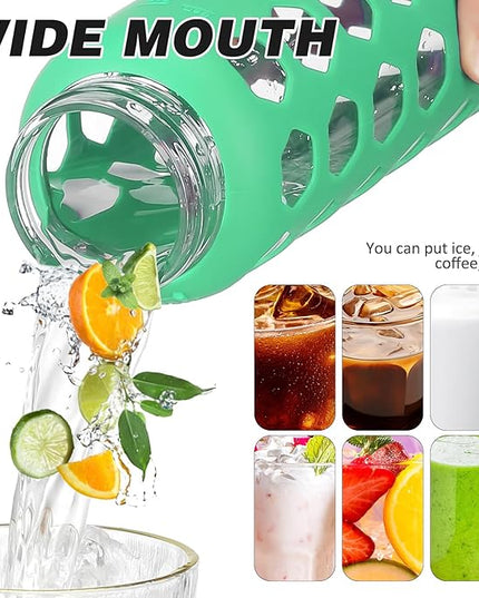 MUKOKO Glass Water Bottles, 24oz Glass Tumbler with Straw, Drinking Bottles with 2 Lids-Handle Spout Lid&Bamboo Straw Lid, Motivational Water Bottle with Time Marker and Silicone Sleeve, 1 Pack-Green
