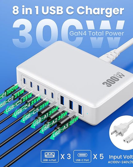 USB C Charger 300W USB C Charger Block 8-Ports GaN IV Fast Charging Station,PD 100W Laptop Charging Hub Wall Charge Adapter Compatible with MacBook/Air,DELL,Steam Desk,iPhone 16/15/14,Galaxy