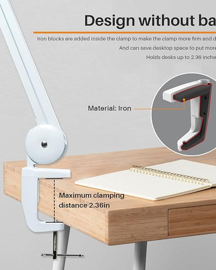 Task Lamp with Clamp, Bright 117PCS LEDs, Metal Swing Arm 24W 2200 Lumen Dimmable Led Desk Lamp for Architect Home Office Study Reading Dorm Workbench Craft, 23 Inch Working Lamp(White)