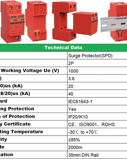 2P 40KA Voltage Surge Protector DC 1000V Solar PV Lightning Arrester Device for Rv, Home Lightning Protection System 35mm DIN Rail Mount (2pcs)