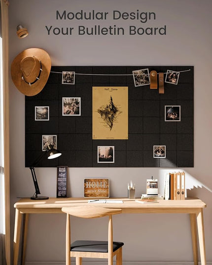 Large Felt Bulletin Board 48" x 36", 12-Pack 4-Compartment Wall Organizer, Cork Board Alternative with 70 Removable Adhesive Tabs, Modular Felt Panels for Home Office, Classroom and Study-Black