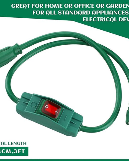 Weewooday 3 Prong Outdoor Extension Cord with Waterproof Switch 1875W Heavy Duty 14/3 SJT Cable Inline On/Off 15A 125V Grounded Outlets Plugs for Appliances (Green, 3 ft)