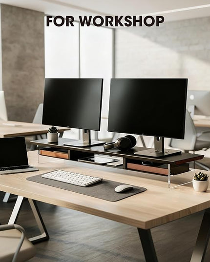 Fenge Dual Monitor Stand with Drawer, 42.5 Inch Large Monitor Riser with Acrylic Legs Supports, Computer Stand for Desk, 2 Tier Wood Desk Shelf with Storage Organizer for PC, Laptop, Printer, TV