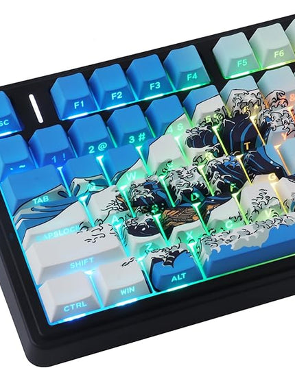 Tsungup PBT Keycaps 75 Percent,Side Print 131 Keys Custom Dye Sub Cool Shine Through Keycap Set,Wave of Kanagawa Dark Blue Keycaps Cherry Profile Keyboard Key Caps for Mechanical Keyboards