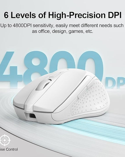TECKNET Wireless Mouse (BT5.0/3.0 & 2.4G) Rechargeable 4800 DPI Silent USB A & Bluetooth Mouse 6 Buttons, Wide Compatibility - White
