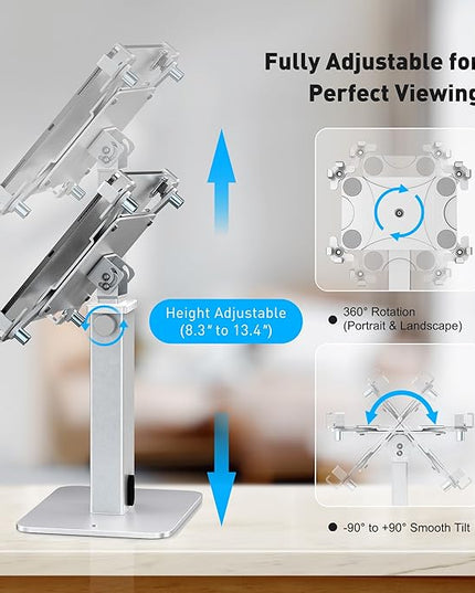 AboveTEK Anti-Theft iPad Kiosk Stand, 360 Rotation & Adj. Height 8.3"–13.4", Heavy-Duty Steel & Aluminum, Fits 9.7"-13" Tablets, Security Retail POS Tablet Stand for Business & Commercial Use (Silver)