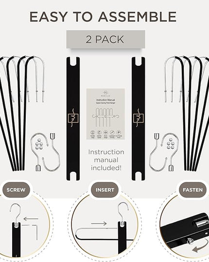 MORALVE Pants Hangers Space Saving - 2 Pack European Beechwood Scarf and Jean Hangers - Closet Organizer and Space Saver Pant Rack, Leggings Hanger, and Scarf Holder with 360° Swivel Hook