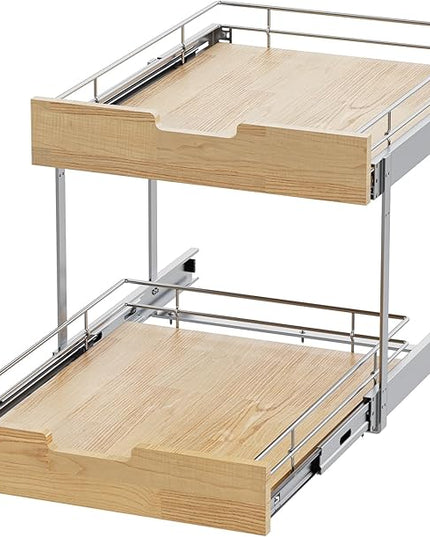 Sikarou Pull Out Cabinet Organizer,Heavy-Duty Slide Out Shelf, Wood and Wire Basket, Pull Out Drawer for for Kitchen Under Sink Space, Pantry, Bathroom, 2 Tie 14 * 21 in