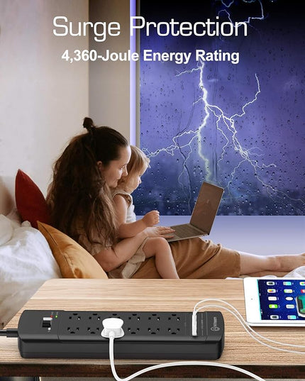 Surge Protector Power Strip - 12 Outlets,4 USB 6A Ports, 6Ft Extension Cord, 1875W/15A, 4360Joules, Overload Protection - Ideal for Home & Office Use (Black-USB6A)