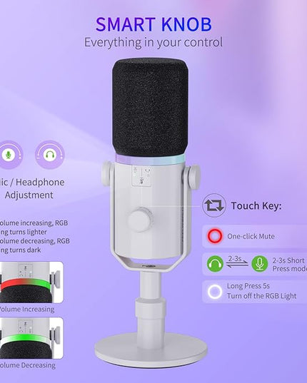 FEELWORLD PM1 XLR USB Dynamic Microphone with Desktop Stand Gifts for Podcast Recording PC Computer Gaming Streaming Vocal Voice-Over, Studio Metal Mic, RGB Light, Mute Button, Headphones Jack (White)