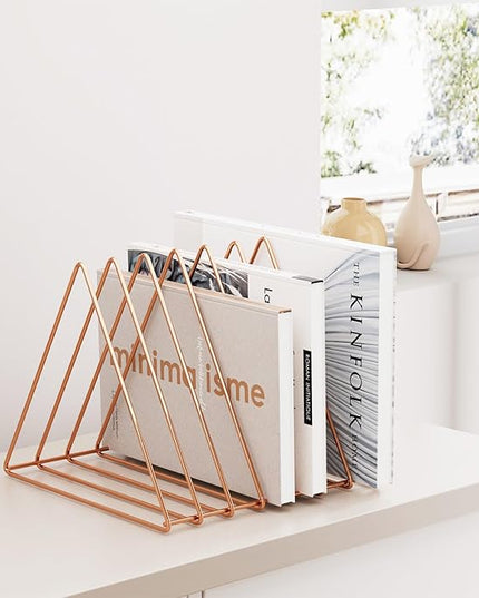 Urban Deco Triangle Desk Organizers Metal Wire Magazine Holder 7 Sections Decorative Vinyl Record Storage Office File Organizer For Desk - Rose Gold Magazine File Holder - 2 Pack