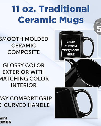 Custom Ceramic Coffee Mugs 11 oz. Set of 50, Personalized Bulk Pack - Coffee cup set, Iced coffee cup, Gaming mug - Black