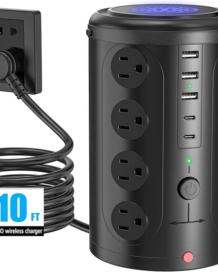 Power Strip Surge Protector Tower with 16 Outlets and 5 USB Ports (2 USB-C), 10ft Extension Cord, 45° Flat Plug, Charging Station for Home, Office, Dorm Room Essentials (Black)