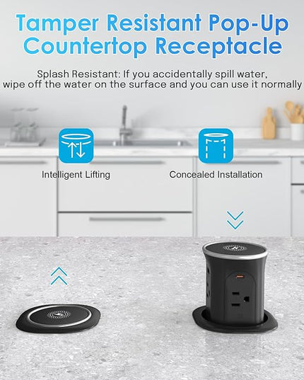 Pop Up Countertop Outlet with 15W Wireless Charger, PD20W USB & 15A Tamper Resistant, 3.15in Hole Surface Mount Electrical Receptacle with 4 (TR) Outlets & 4 USB for Desktop