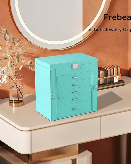 Frebeauty Large Jewelry Box,6-Tier PU Leather Jewelry Organizer,Multi-functional Storage Case with Mirror,Accessories Holder with 5 Drawers for Necklace Bracelets Watches(Turquoise)