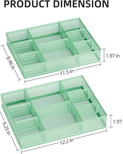 Marbrasse 2 Pack Desk Drawer Organizer, Mesh Drawer Organizer Tray with 8 Adjustable Compartments, Desk Organizers and Accessories, 5 Dividers Drawer for Office Supplies, Makeup & Vanity (Green)