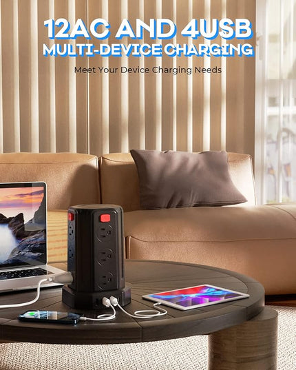 Power Strip Surge Protector, 10 Ft Extension Cord with 12 AC Multiple Outlets 4 USB (1 USB C), SMALLRT Power Tower Desktop Charging Station (Black, 16.4 FT)