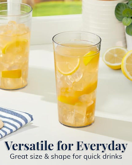 US Acrylic Cafe Plastic Reusable Tumblers (Set of 16) 20-ounce Water Cups in Clear | Value Set of Restaurant Style Drinking Glasses, Stackable, BPA-free, Made in the USA | Top-rack Dishwasher Safe