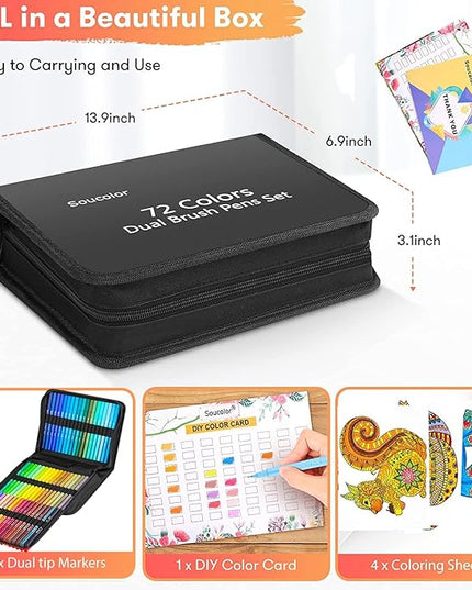 Soucolor Art Supplies for Adults, 72 Colors Dual Tip Brush Fine Tip Markers, Art Kit Drawing Set with Art Case Coloring Set, Art Set Art Supplies