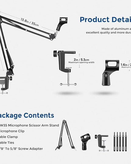 Neewer Microphone Arm Stand, Suspension Boom Scissor Mic Arm Stand with 3/8” to 5/8” Screw and Cable Ties Compatible with Blue Yeti, Snowball, Yeti X, Quadcast and Other Mics, Max Load 1.5kg