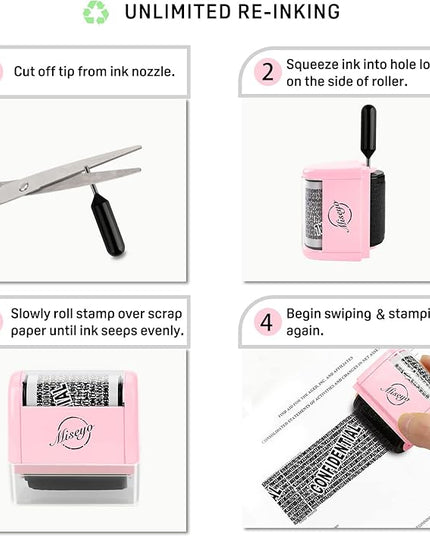 Miseyo Identity Theft Protection Roller Stamp Set - Pink (6 Refill Ink Incleded)