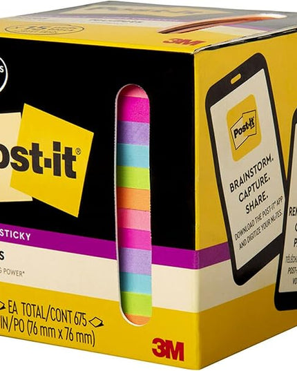 Post-it Super Sticky Notes, Assorted Bright Colors, 3x3 in, 15 Pads/Pack, 45 Sheets/Pad, 2X The Sticking Power, Recyclable, Multi-Color