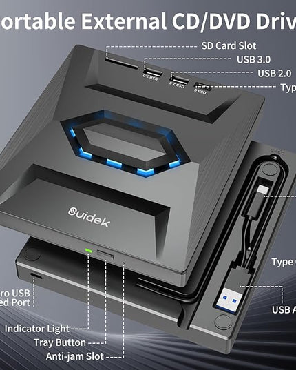 External CD DVD Drive for Laptop, USB C Portable CD/DVD +/-RW Burner DVD Player with SD Card Reader USB 3.0 Type C Hub Compatible with Laptop PC Windows Linux