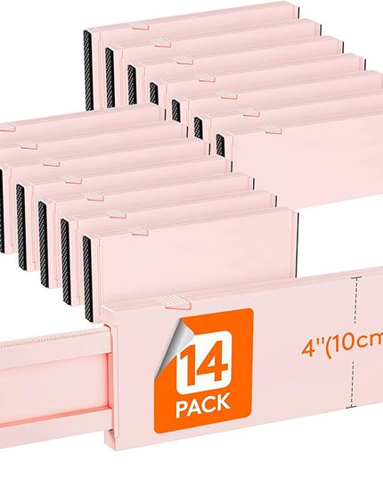 Lifewit 14 Pack Drawer Dividers 4" High, 11-17" Adjustable Drawer Organizers for Clothes, Expandable Dresser Separators in Bedroom/Bathroom/Kitchen/Fridge/Office Organization and Storage, Pink