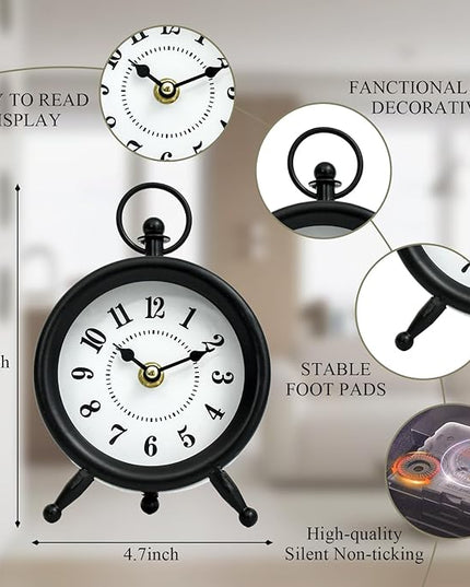 EMAX HOME Small Black Desk and Shelf Clock, 4.7*7.3 Inch Retro Elegant Tabletop Clock with Glass Cover, Silent Non-Ticking Battery Operated Decorative Clock for Living Room, Office, Bedroom, Gift Idea