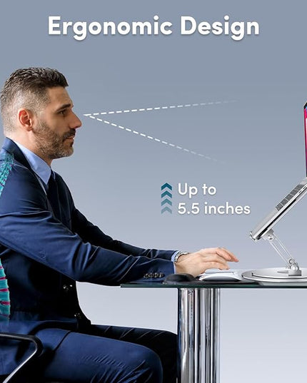 Lifelong Adjustable Laptop Stand with 360° Rotating Base, Ergonomic Computer Stand for Desk, Foldable & Portable Laptop Riser Holder Fits All MacBook, Laptops 10-16 Inches, Silver