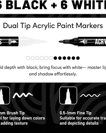 Black and White Acrylic Paint Markers, 12 Pack Dual Tip with Fine Tip and Brush Tip Pens for Stone, Wood, Calligraphy, Canvas, Ceramic, Metal, Glass, Rock Painting, DIY Crafts