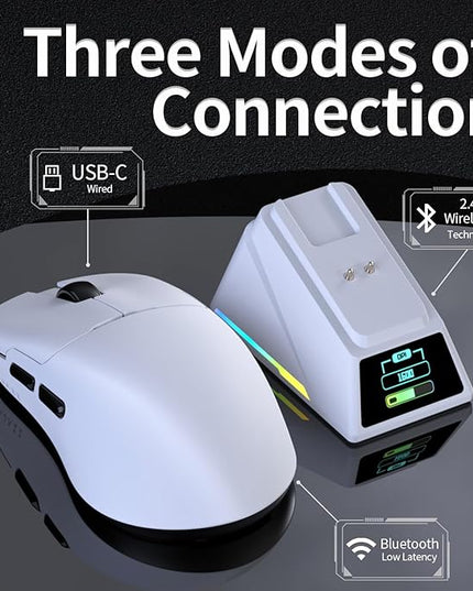 AJAZZ AJ159 APEX Wireless Gaming Mouse 2.4G Wired BT|RGB Magnetic Screen Charging Dock|Lightweight|42K Optical Tracking|400mAh Battery |PAW3950APEX Sensor.