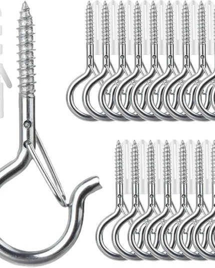 FSAH 35 PCS Screw-in Hooks for Outdoor String Lights, Q Hangers Hooks Outdoor for Outside, Swivel Hanging Basket Patio Light Hooks with Safe Buckle Screw in Planter Eye Hook for Wall Ceiling, Silver