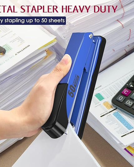 Metal Stapler Heavy Duty 50 Sheet Capacity with 1750 Staples and Staple Remover, Full Strip Staplers for Desk, No Jam, Non-Slip for Office & Classroom, Blue