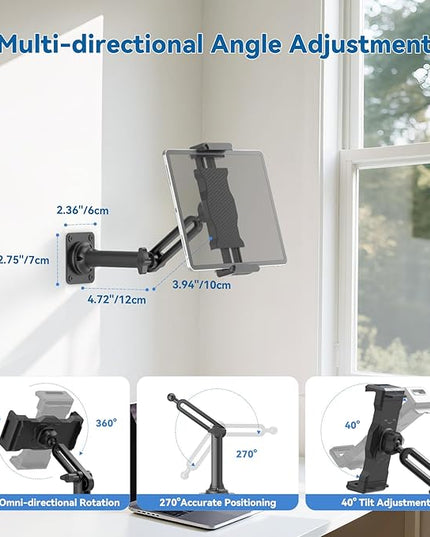 KDD Tablet Wall Mount Holder, Adjustable Extendable Arm iPad Wall Stand with Sturdy Metal Base, 360°Rotating Phone Tablet Bracket Fits iPad Pro Air Mini, Galaxy Tab, All 4.7-13" Phones and Tablets