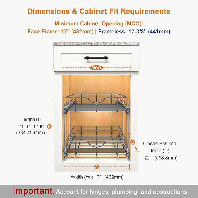 ALINE FURNITURE 2-Tier Pull Out Cabinet Organizer - 17" W x 22" D Soft Close Pullout Shelves with Shelf Liners - Slide Out Drawers for Kitchen Cabinets, Pantry, Bathroom, Heavy Duty Steel Wire Baskets