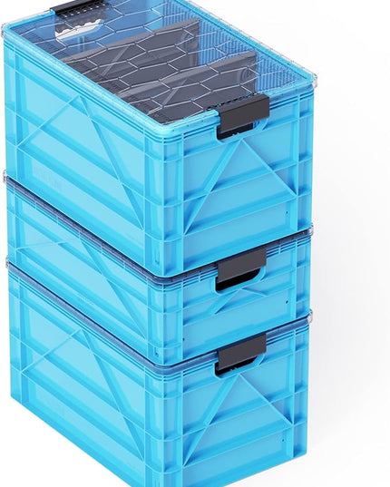 SIDIO Crate Pro Pack - 2 Full-Size & 1 Half-Size Heavy Duty Stackable Storage Bins, Totes and Containers with Lids and Dividers - Durable Plastic Organizer for Home, Office, Garage, and Outdoor Use