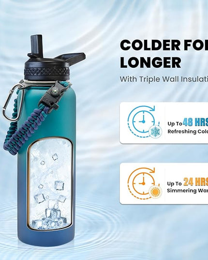 Insulated Water Bottle 40 oz, Triple Wall Vacuum Stainless Steel (Cold for 48 Hrs), Leak Proof & Non-BPA, Modern Water Flask Jug with Paracord Handle & Straw Spout Lids, Cyan Blue