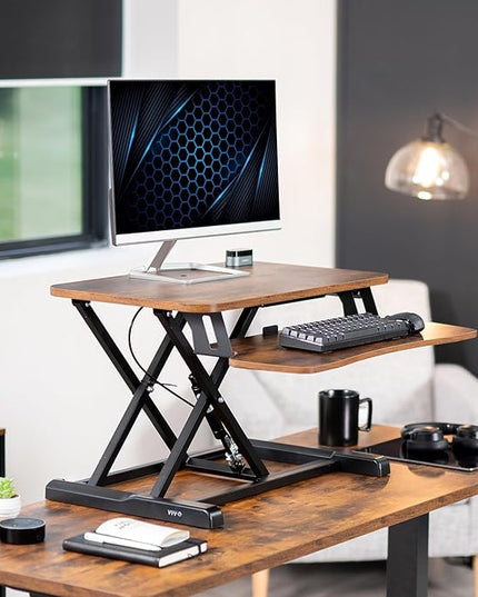 VIVO 26 inch Desk Converter, K Series, Height Adjustable Sit to Stand Riser, Dual Monitor and Laptop Workstation with Keyboard Tray, Rustic Vintage Brown Top, Black Frame, DESK-V026KN