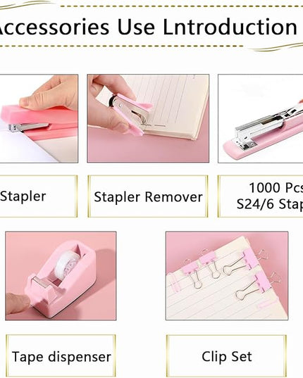 Office Supplies,Desk Accessories, Stapler and Tape Dispenser Set for Women with Stapler, Tape Dispenser, Staple Remover, Staples, Clips, Scissor and Tabs,Gift for Students, Coworkers