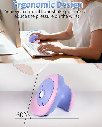 Wireless Mouse Ergonomic Vertical Mouse with Bluetooth & 2.4GHz USB Receiver 3 Buttons Rechargeable Silent Portable Optical USB Cordless Mice for Laptop PC Desktop Tablet Kids Adults Gifts (Purple)