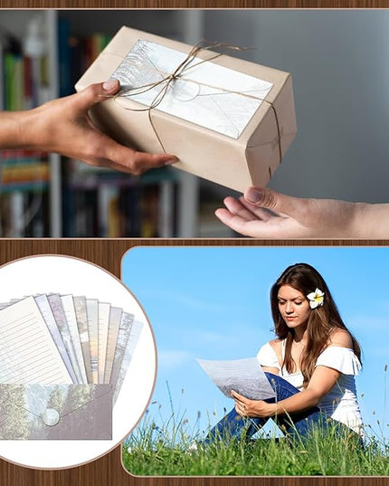 TaoBary 160 Pcs Stationery Paper Set 50 Double Sided Stationery Papers with 50 Matching Envelopes and 60 Round Dot Sticker, 10 Design(Natural Scenery,8.5 x 11 Inch)