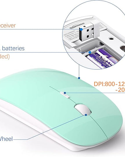 Wireless Keyboard and Mouse Ultra Slim Combo, TopMate 2.4G Silent Compact USB 2400DPI Mouse and Scissor Switch Keyboard Set with Cover, Batteries Included, for PC/Laptop/Windows/Mac - Mint Green