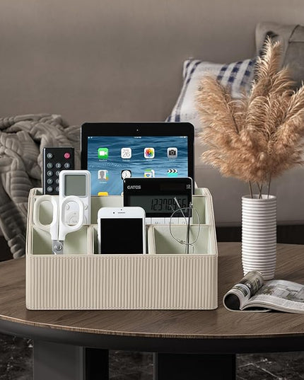 Cretkhp Remote Control Holder with 5 Compartments for Office Art Supplies, PU Leather Nightstand Organizer Pencil Pen Desk Caddy for Home, Desktop TV Remote Control Organizer Storage (Striped Beige)