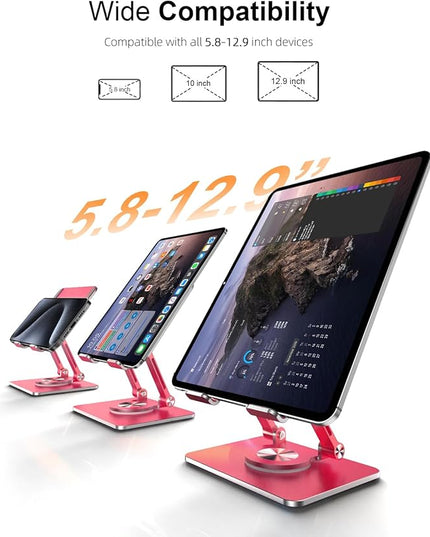 Tablet Stand Holder with Thickened 360°Rotating Base Dual Rod Adjustable Aluminum Stand for All 5.8-12.9” iPad Samsung Phone Tablet Kindle E-Reader and More, Red